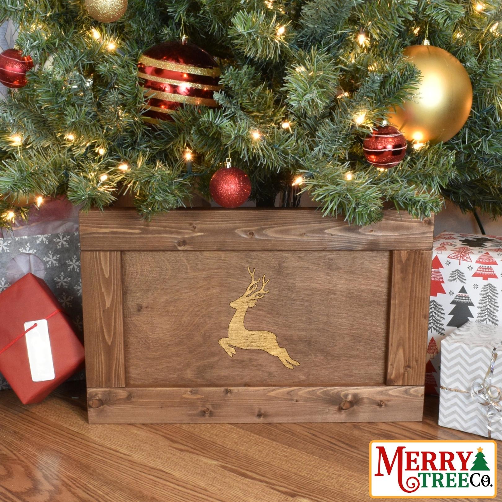 Light Brown stained tree box with single reindeer design.