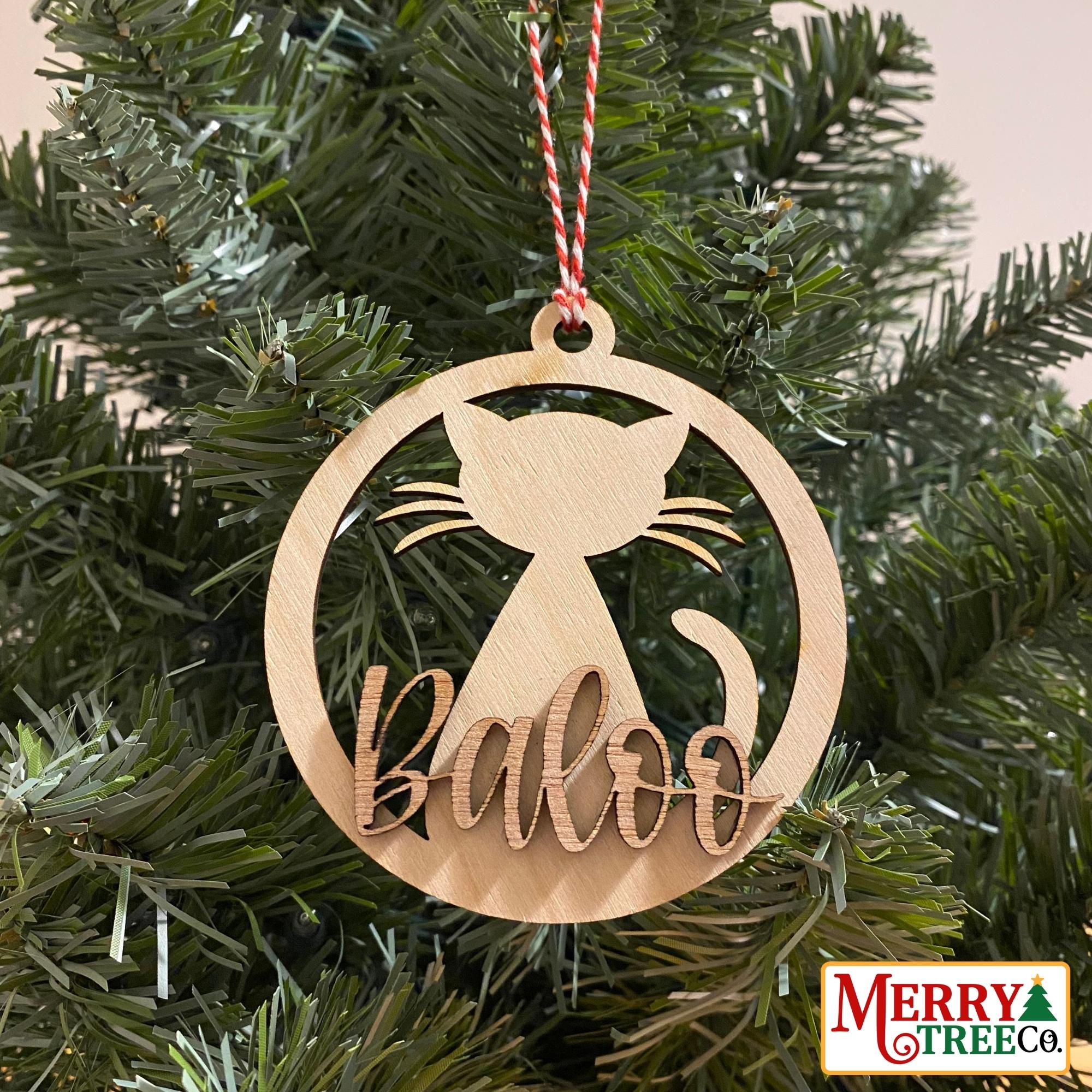 Cat ornamnet on tree with the name Baloo