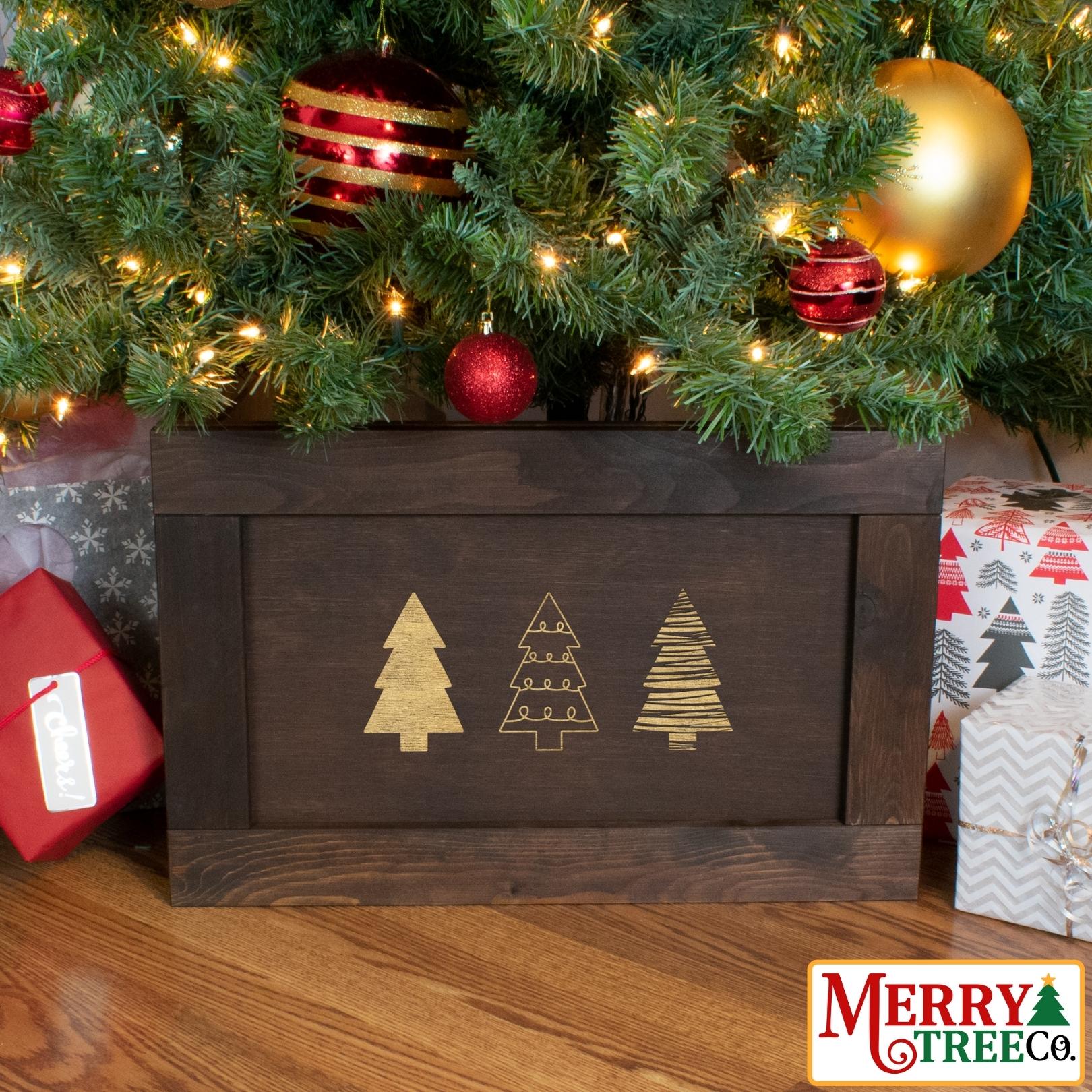 Dark brown stained wooden tree box with 3 design trees lasered.