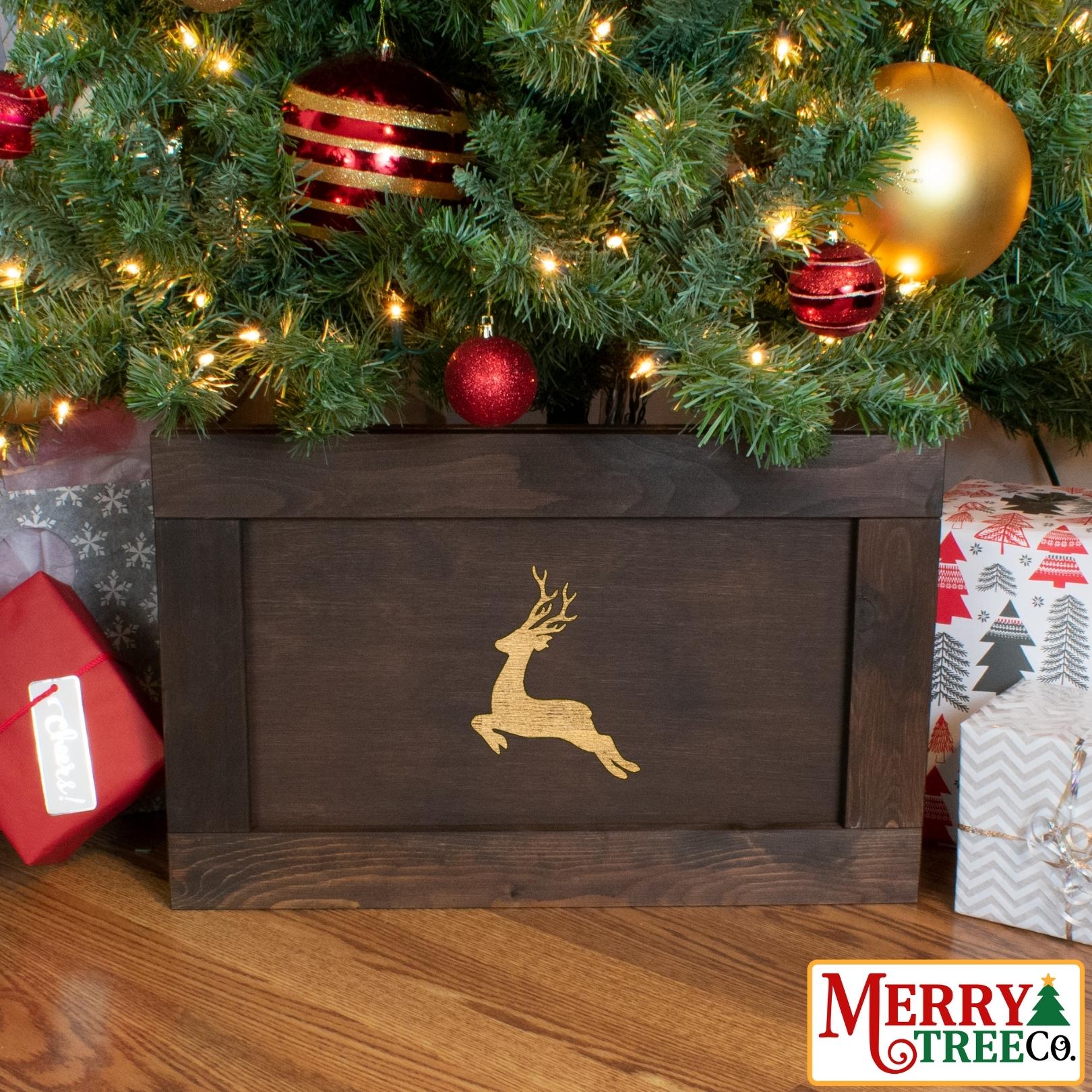 Single reindeer laser engraved on dark brown stained wood.