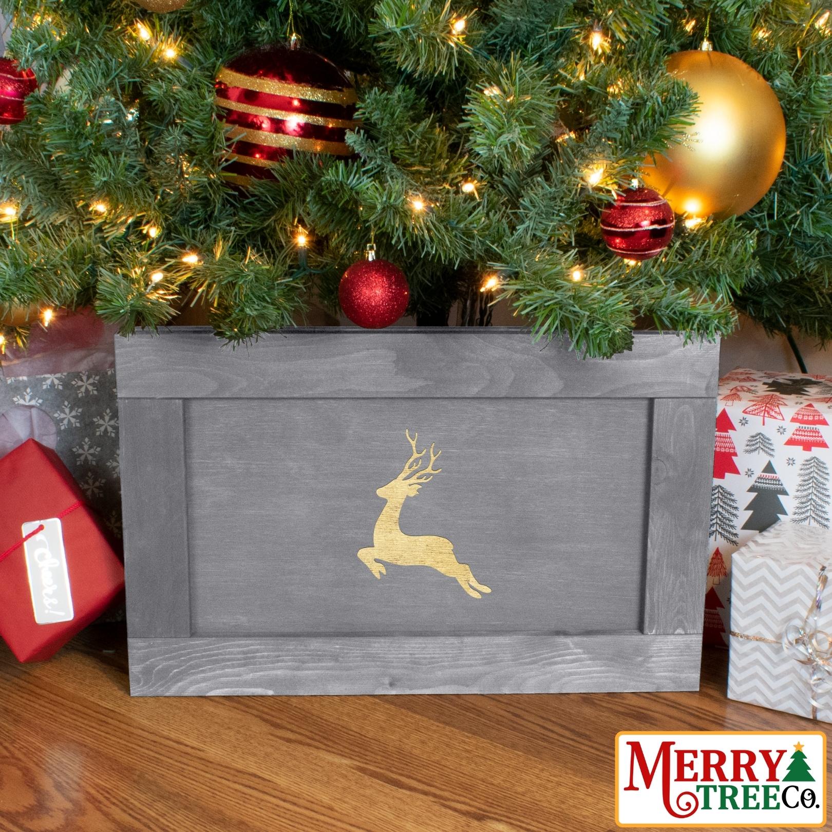 Grey stained box with single reindeer etched in.