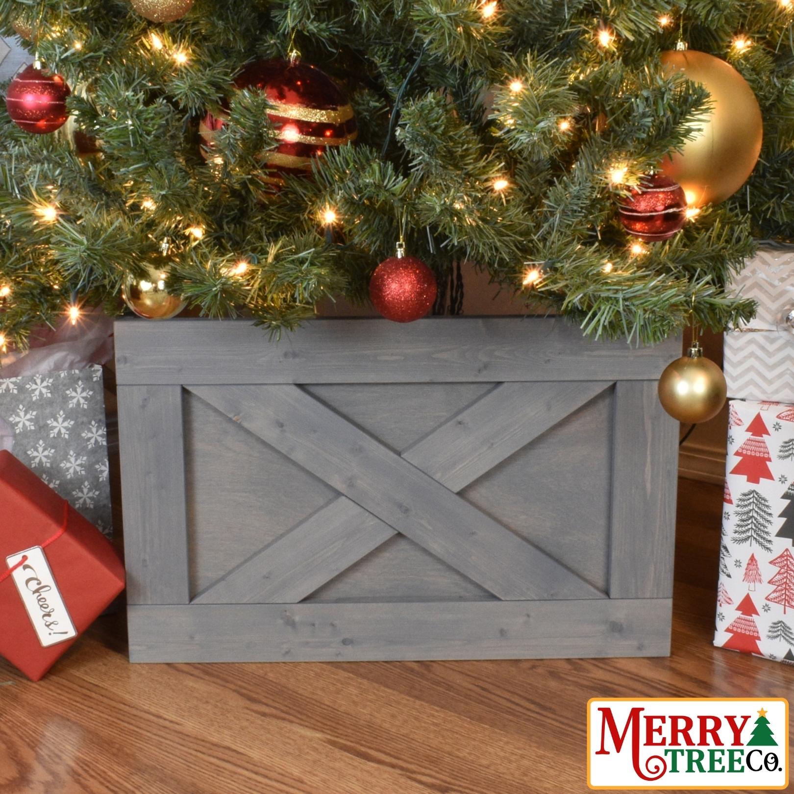 Grey stained tree box with picture frame and X design in wood.