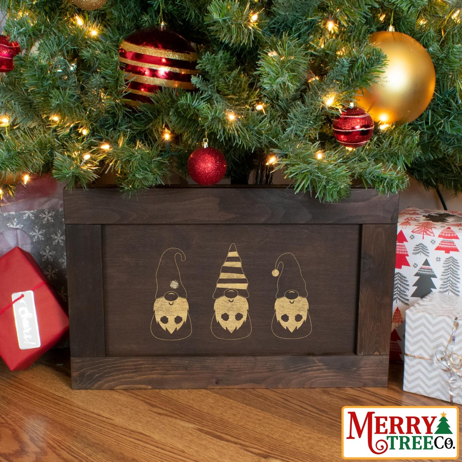 Dark Brown tree box with three christmas gnome etched in.