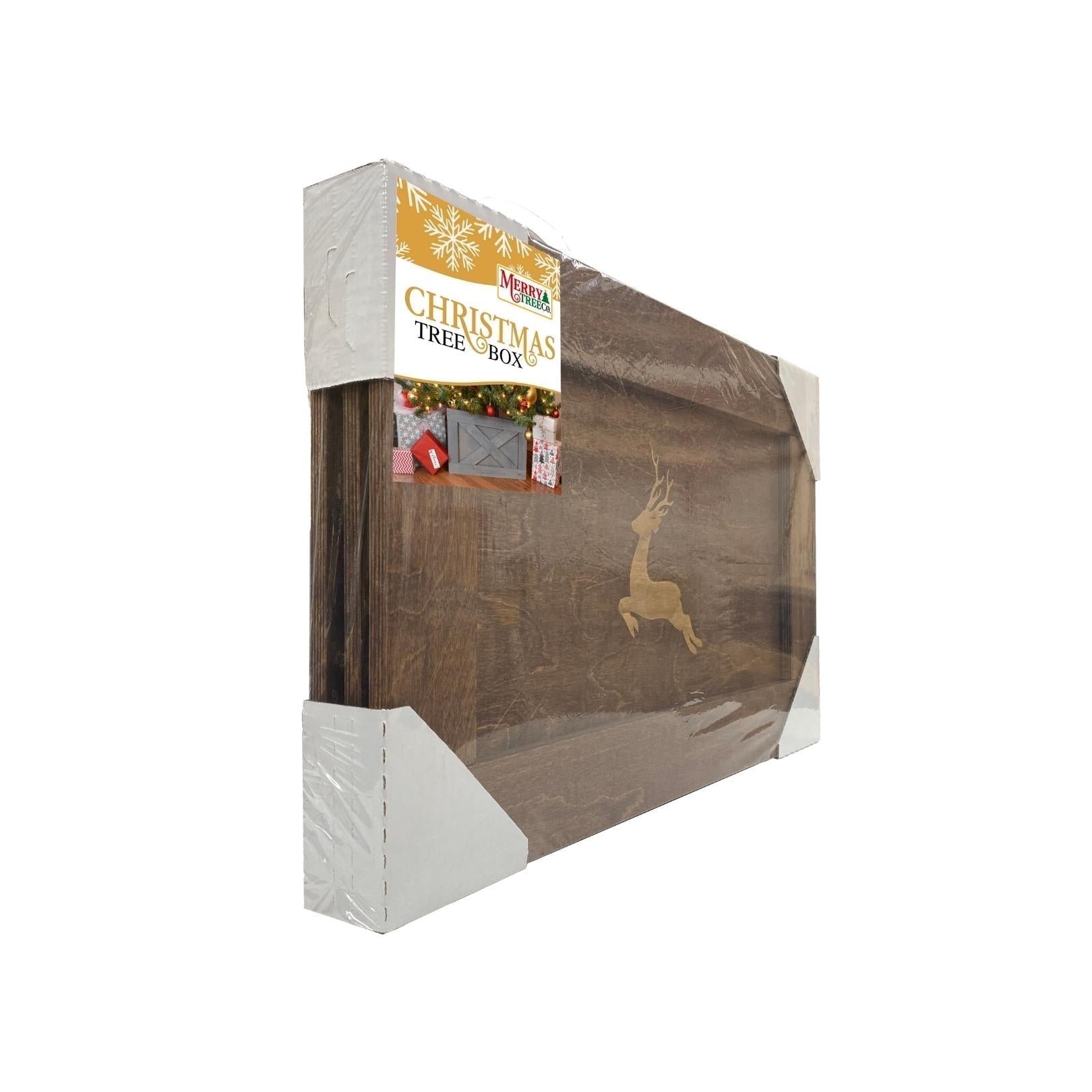 Side view of packaged christmas tree box.