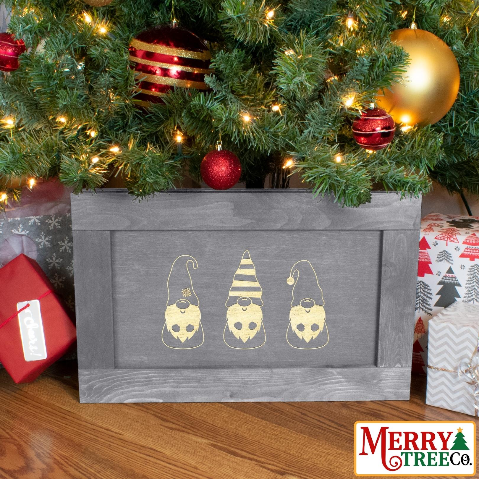 Grey stained tree box with three christmas gnomes laser etched.