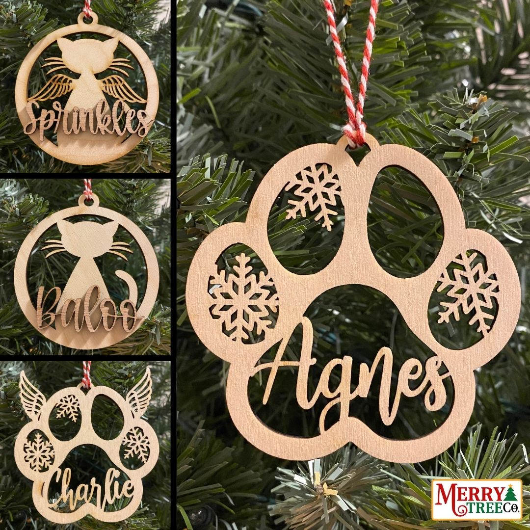 Collage of all four pet ornaments hanging on a christmas tree