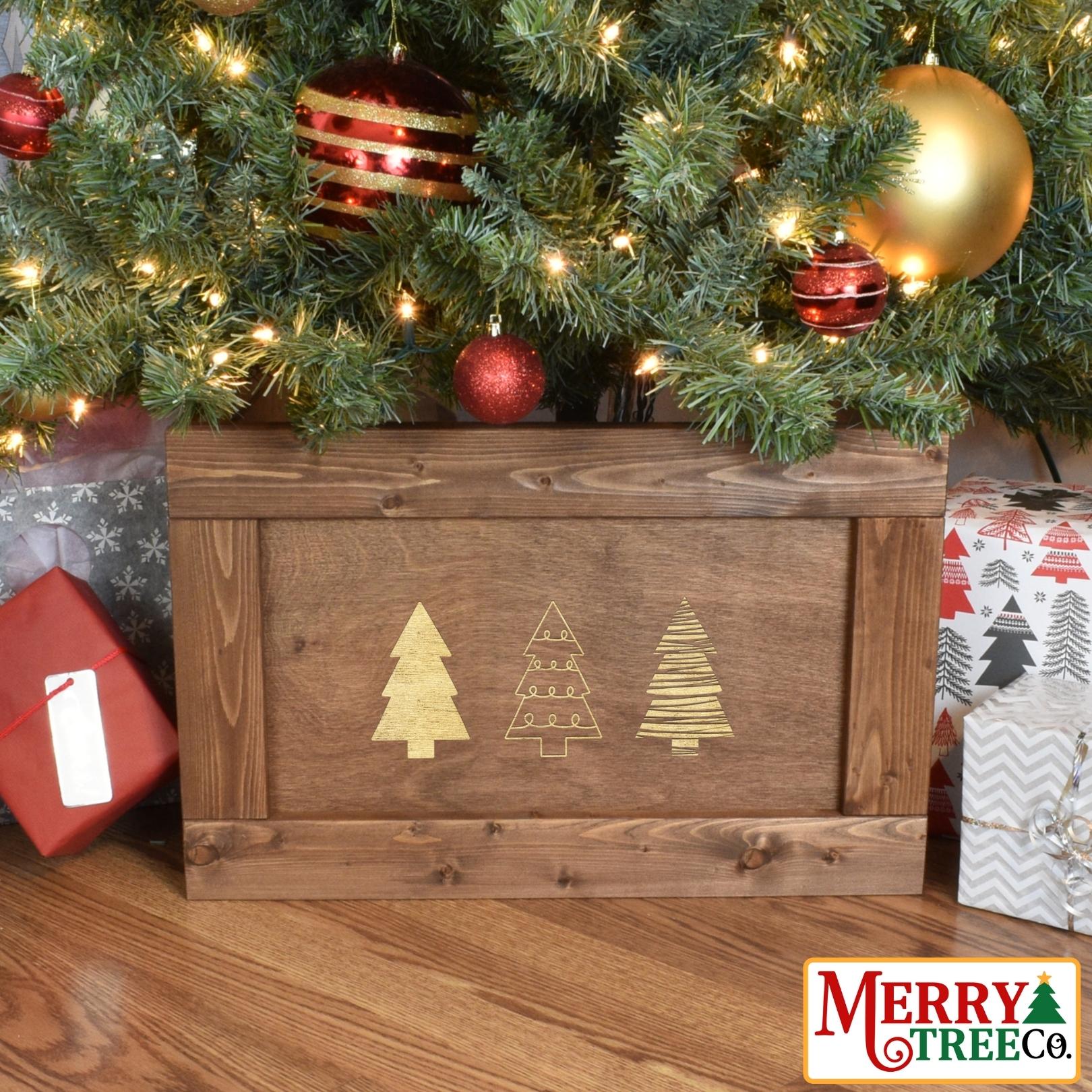 Light brown stained picture framed christmas box with three trees laser etched.