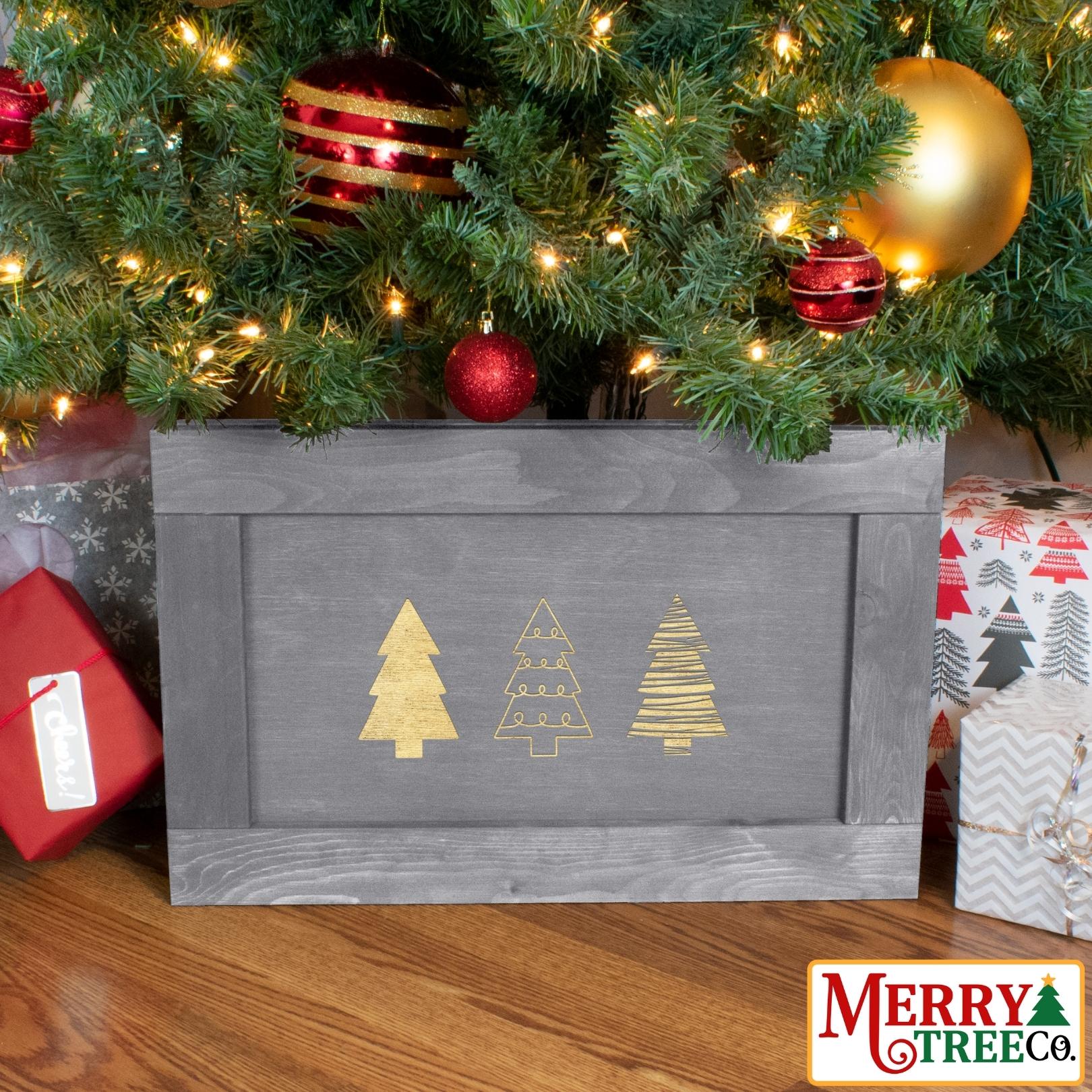 Grey stained tree box with three decorative trees laser engraved.