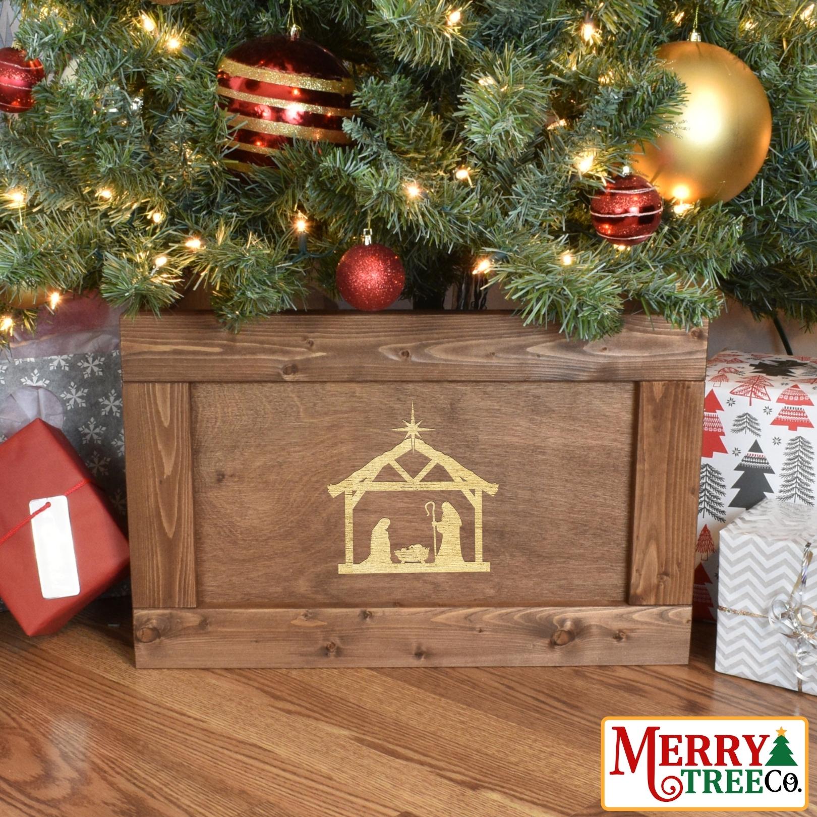 Light brown Christmas tree box with Manger engraved.