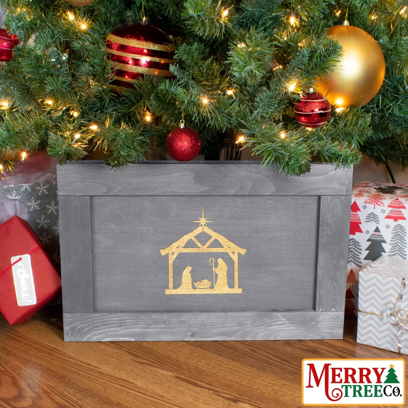 Grey stained Christmas box with manger engraved