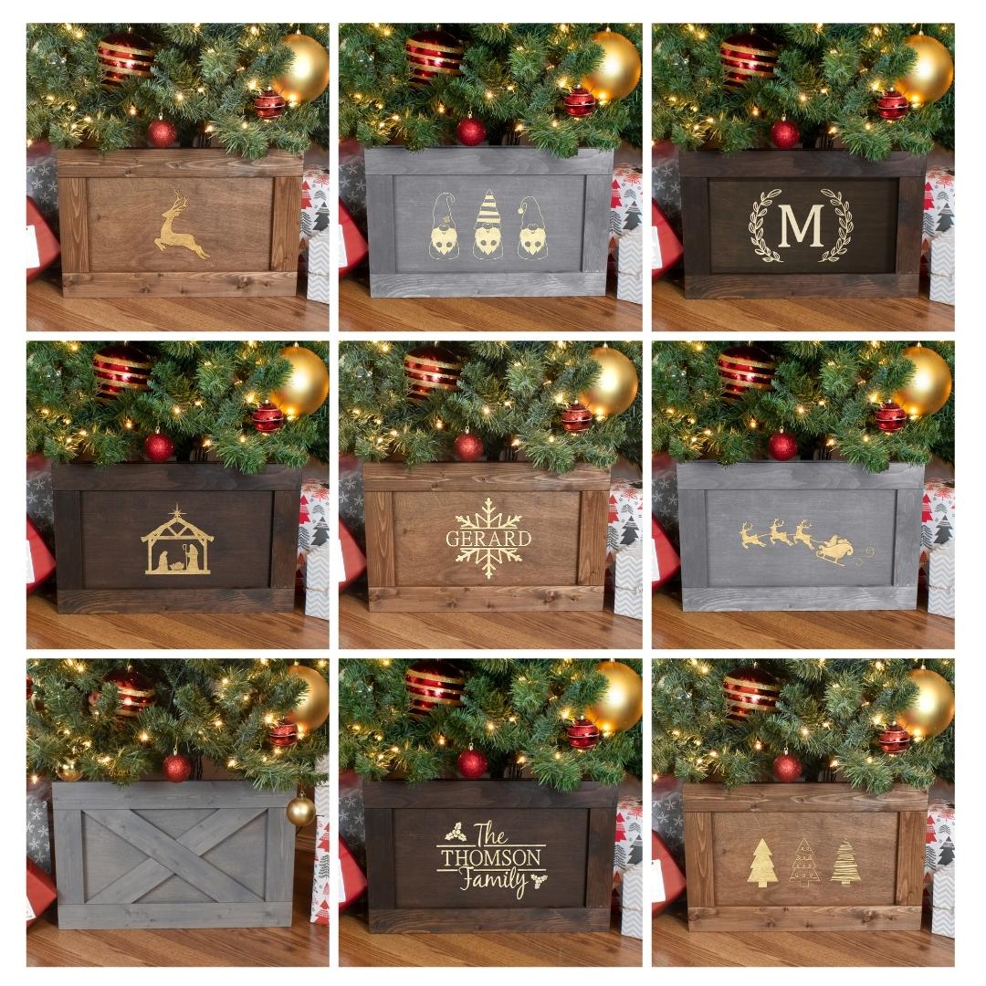 3 x 3 grid shows each design style of christmas tree box available.